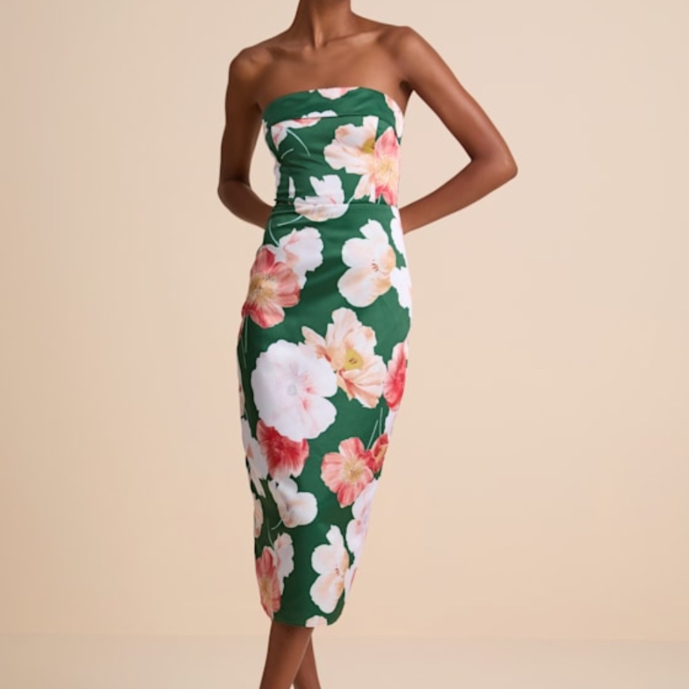 Lulus Oriana Dark Green Floral Satin Strapless Midi Dress - Size XS